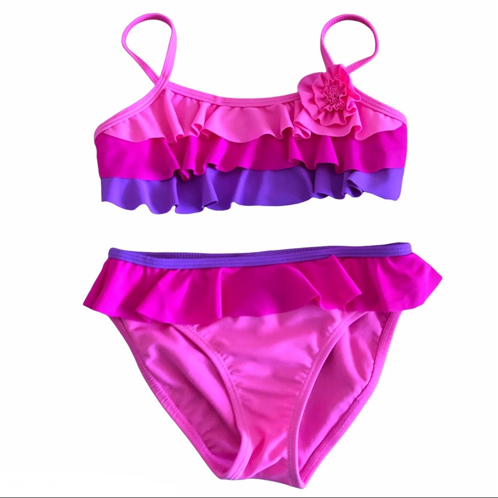 Girls Pink Purple 2Piece Ruffle Bathing Suit Sz 6